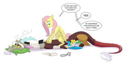 Size: 5000x2500 | Tagged: safe, artist:eveeka, derpibooru import, discord, fluttershy, draconequus, pegasus, pony, comic:the last adventure, bandage, comic, couple, discoshy, eyes open, female, happy, love, lying down, male, massage, open mouth, shipping, sitting, smiling, straight