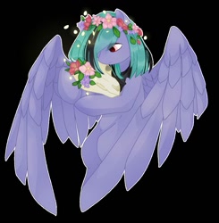 Size: 1128x1149 | Tagged: safe, artist:thieeur-nawng, derpibooru import, oc, oc only, pegasus, pony, black background, bouquet, floral head wreath, flower, pegasus oc, simple background, solo, wings