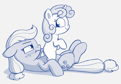 Size: 1455x1005 | Tagged: safe, artist:heretichesh, derpibooru import, applejack, sweetie belle, earth pony, pony, unicorn, blushing, drawthread, female, filly, freckles, grumpy, hairband, innocent, lying down, mare, on back, sitting, sitting on, sitting on person, sitting on pony, smiling