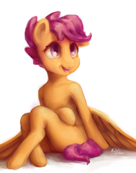 Size: 997x1266 | Tagged: safe, artist:mrstrats, derpibooru import, scootaloo, pegasus, semi-anthro, crossed legs, female, filly, looking up, open mouth, simple background, sitting, smiling, solo, white background