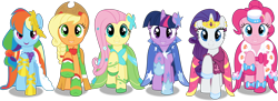 Size: 6678x2444 | Tagged: safe, artist:frownfactory, derpibooru import, applejack, fluttershy, pinkie pie, rainbow dash, rarity, twilight sparkle, unicorn twilight, earth pony, pegasus, pony, unicorn, the best night ever, .svg available, cape, clothes, dress, female, gala dress, gala mane, hat, horn, jewelry, mane six, mare, regalia, simple background, tiara, transparent background, vector