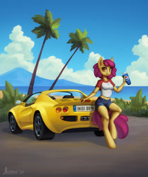 Size: 1089x1300 | Tagged: safe, artist:asimos, derpibooru import, apple bloom, anthro, earth pony, pony, unguligrade anthro, '90s, beach, belly button, car, clothes, cloud, denim shorts, drink, female, leaning, leaning back, license plate, looking at you, lotus elise, mare, midriff, mountain, ocean, older, older apple bloom, orange eyes, outdoors, palm tree, pepsi, product placement, sand, shirt, shorts, smiling, smiling at you, soda, solo, t-shirt, tree, vehicle, water, watermark, yellow fur