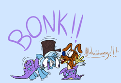 Size: 888x609 | Tagged: safe, artist:blastprocessing16, derpibooru import, trixie, dog, pony, unicorn, allakawhammy, blue background, broken horn, cape, dialogue, female, hat, horn, mallet, mare, onomatopoeia, simple background, speech bubble, teeth, tongue out, trixie's cape, trixie's hat, two toned mane, two toned tail