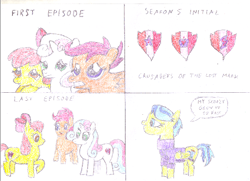 Size: 500x361 | Tagged: safe, artist:ewxep, derpibooru import, apple bloom, auntie lofty, scootaloo, sweetie belle, earth pony, pegasus, pony, unicorn, crusaders of the lost mark, friendship is magic, the last crusade, the last problem, colored pencil drawing, cutie mark, cutie mark crusaders, mlp fim's tenth anniversary, redraw, simple background, solo, traditional art, trio, white background