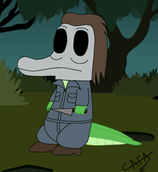 Size: 1115x1212 | Tagged: safe, artist:cafakero, derpibooru import, gummy, alligator, knife, michael myers