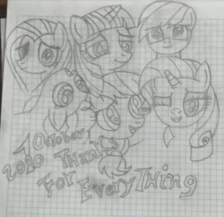 Size: 1280x1239 | Tagged: safe, derpibooru import, applejack, fluttershy, pinkie pie, rainbow dash, rarity, twilight sparkle, earth pony, pegasus, pony, unicorn, drawing, female, graph paper, happy birthday mlp:fim, lined paper, mane six, mlp fim's tenth anniversary, traditional art