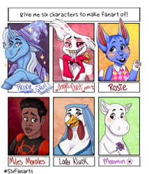 Size: 1200x1400 | Tagged: safe, artist:jellostone, derpibooru import, trixie, anthro, bird, cat, chicken, human, pony, unicorn, angel dust, animal crossing, anthro with ponies, clothes, crossover, dark skin, female, hazbin hotel, male, mare, miles morales, moomins, paws, six fanarts, spider-man: into the spider-verse, underpaw, waving