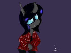 Size: 2556x1913 | Tagged: safe, artist:almaustral, derpibooru import, oc, oc only, changeling, semi-anthro, changeling oc, clothes, glasses, purple background, signature, simple background, smiling, solo