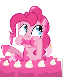 Size: 2657x3248 | Tagged: safe, artist:mrkat7214, derpibooru import, pinkie pie, earth pony, pony, cake, candle, eating, female, food, frosting, happy birthday mlp:fim, high res, mare, messy eating, mlp fim's tenth anniversary, pink, puffy cheeks, simple background, solo, vector, white background