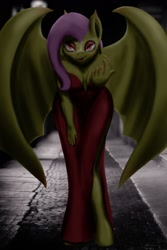 Size: 1024x1536 | Tagged: safe, artist:tunrae, derpibooru import, fluttershy, anthro, bat pony, undead, unguligrade anthro, vampire, bat ponified, bat wings, beckoning, bedroom eyes, clothes, come hither, dress, female, flutterbat, lineless, race swap, red dress, solo, stock image, tongue out, wings