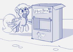 Size: 906x654 | Tagged: safe, artist:heretichesh, derpibooru import, derpy hooves, pegasus, pony, box, crude drawing, cute, female, flying, happy, hugbox, mare, monochrome, sign, sketch, solo, tape, text, wings