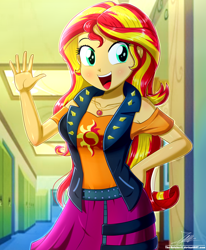 Size: 1784x2163 | Tagged: safe, artist:the-butch-x, sunset shimmer, equestria girls, equestria girls series, arms, breasts, bust, canterlot high, clothes, cute, cutie mark, cutie mark on clothes, door, eyelashes, female, fingers, geode of empathy, hallway, hand, happy, high school, leather vest, lockers, long hair, looking at you, magical geodes, open mouth, open smile, redraw, rework, school, shimmerbetes, shoulderless, signature, skirt, smiling, solo, standing, sunset jiggler, teenager, teeth, tongue, top, waving, waving at you