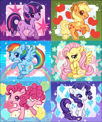 Size: 800x960 | Tagged: safe, artist:celesse, derpibooru import, applejack, fluttershy, pinkie pie, rainbow dash, rarity, twilight sparkle, unicorn twilight, earth pony, pegasus, pony, unicorn, chibi, confetti, cowboy hat, cute, cutie mark, female, flower, hat, mane six, mare, open mouth, rainbow, smiling