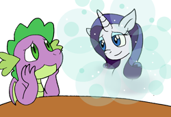 Size: 1124x774 | Tagged: safe, artist:cmara, derpibooru import, rarity, spike, dragon, pony, unicorn, daydream, dream, eyeshadow, female, makeup, male, mare, shipping, simple background, sparity, straight, table, white background, winged spike