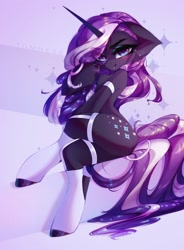 Size: 2192x2972 | Tagged: safe, alternate version, artist:shenki, derpibooru import, nightmare rarity, pony, unicorn, blushing, clothes, female, floppy ears, looking at you, mare, sitting, smiling, socks, solo, solo female, thigh highs