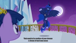 Size: 1280x720 | Tagged: safe, derpibooru import, screencap, princess luna, twilight sparkle, alicorn, pony, genesis, lyrics, mad man moon, moon, singing, song reference, text