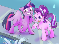 Size: 1400x1050 | Tagged: safe, artist:haden-2375, derpibooru import, starlight glimmer, twilight sparkle, twilight sparkle (alicorn), alicorn, pony, unicorn, school daze, book, book abuse, cutie mark, duo, eea rulebook, female, mare, meme, open mouth, raised hoof, scene interpretation, school, school of friendship, screw the rules, splash, spread wings, starlight savage, underhoof, water, wings