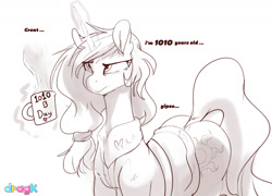 Size: 1857x1335 | Tagged: safe, artist:dragk, derpibooru import, princess celestia, alicorn, pony, anniversary, clothes, cutie mark, happy birthday mlp:fim, mlp fim's tenth anniversary, monochrome, mug, ponytail, sarcasm, solo