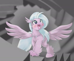 Size: 2166x1782 | Tagged: safe, artist:kurogewapony, derpibooru import, silverstream, hippogriff, blushing, cheek fluff, cute, diastreamies, female, filly, happy, looking up, open mouth, smiling, solo, spread wings, stairs, starry eyes, that hippogriff sure does love stairs, wingding eyes, wings