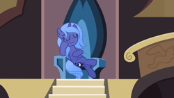 Size: 6452x3629 | Tagged: safe, artist:pumpkinpieforlife, derpibooru import, edit, editor:slayerbvc, princess luna, alicorn, pony, accessory-less edit, barehoof, castle of the royal pony sisters, crossed legs, eyes closed, female, mare, missing accessory, s1 luna, sitting, solo, throne