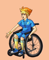 Size: 1704x2055 | Tagged: safe, artist:ameliacostanza, derpibooru import, spitfire, human, clothes, converse, humanized, orange background, shirt, shoes, shorts, simple background, solo, wheelchair