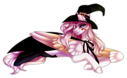 Size: 2610x1611 | Tagged: safe, artist:saltycatt, derpibooru import, oc, oc:mrochina, pegasus, pony, colored wings, female, hat, lying down, mare, multicolored wings, prone, simple background, solo, transparent background, wings, witch hat
