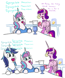 Size: 897x1072 | Tagged: safe, artist:jargon scott, derpibooru import, princess cadance, princess flurry heart, shining armor, alicorn, pony, unicorn, apron, bipedal, cadance is not amused, chalice, clothes, comic, cute, daughters gonna daughter, father and child, father and daughter, fathers gonna father, female, flurrybetes, food, glasses, husband and wife, like father like daughter, macaroni, male, mare, mother and child, mother and daughter, necktie, nerd, nerdy heart, older, older flurry heart, oven mitts, parent and child, pasta, shining adorable, stallion, sweater, unamused