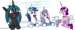 Size: 1327x536 | Tagged: safe, artist:jargon scott, artist:tjpones, derpibooru import, edit, princess cadance, princess flurry heart, queen chrysalis, shining armor, alicorn, changeling, changeling queen, pony, unicorn, apron, bipedal, cadance is not amused, chalice, clothes, comic, cute, cutealis, father and child, father and daughter, female, flurrybetes, food, glasses, husband and wife, implied infidelity, implied shining chrysalis, implied shipping, implied straight, like father like daughter, macaroni, male, mare, mother and child, mother and daughter, necktie, nerd, nerdy heart, older, older flurry heart, oven mitts, parent and child, pasta, shining adorable, stallion, sweater, unamused