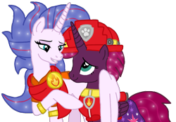 Size: 1556x1080 | Tagged: safe, artist:徐詩珮, derpibooru import, fizzlepop berrytwist, tempest shadow, oc, oc:aurora (tempest's mother), alicorn, series:sprglitemplight diary, series:sprglitemplight life jacket days, series:springshadowdrops diary, series:springshadowdrops life jacket days, alicornified, alternate universe, clothes, female, lifejacket, marshall (paw patrol), mother and child, mother and daughter, older, older tempest shadow, parent and child, paw patrol, race swap, simple background, tempesticorn, transparent background