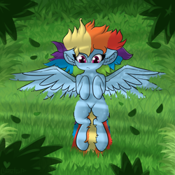 Size: 2823x2820 | Tagged: safe, artist:llametsul, derpibooru import, rainbow dash, pegasus, pony, ear fluff, feather, female, grass, lying down, mare, nature, on back, solo, wings