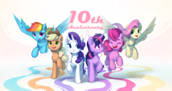 Size: 2704x1442 | Tagged: safe, artist:luciferamon, derpibooru import, applejack, fluttershy, pinkie pie, rainbow dash, rarity, twilight sparkle, unicorn twilight, earth pony, pegasus, pony, unicorn, cute, eyes closed, female, flying, happy birthday mlp:fim, mane six, mare, mlp fim's tenth anniversary, open mouth