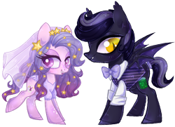 Size: 488x353 | Tagged: safe, artist:misspinka, derpibooru import, oc, oc only, oc:dr. philter, oc:sweet stars, bat pony, pony, bowtie, clothes, female, male, mare, shirt, simple background, stallion, transparent background, veil, vest