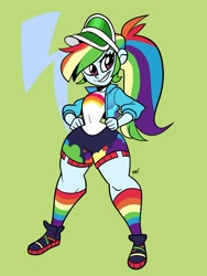 Size: 1024x1365 | Tagged: safe, artist:justindurden, derpibooru import, rainbow dash, equestria girls, clothes, female, hands on hip, looking at you, ponytail, rainbow socks, shorts, smiling, socks, solo, striped socks, thighs, wide hips