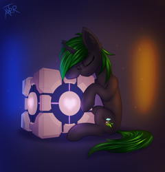 Size: 2600x2703 | Tagged: safe, artist:xanter, derpibooru import, oc, oc only, oc:soft spring, pony, unicorn, abstract background, companion cube, cube, cute, ear fluff, eyes closed, female, high res, horn, mare, neon, portal, portal (valve), portal 2, sleeping, solo, solo female