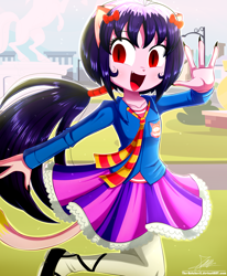 Size: 1784x2163 | Tagged: safe, artist:the-butch-x, derpibooru import, oc, oc:cassey, equestria girls, clothes, female, happy, open mouth, red eyes, signature, skirt, solo