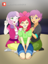 Size: 1080x1440 | Tagged: safe, artist:fantasyblade, derpibooru import, apple bloom, scootaloo, sweetie belle, human, equestria girls, adult, braces, cutie mark crusaders, humanized