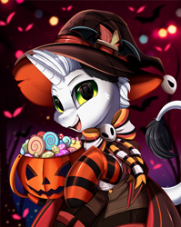 Size: 2550x3209 | Tagged: safe, artist:pridark, derpibooru import, part of a set, oc, oc:ghost note, candy, clothes, commission, food, halloween, hat, high res, holiday, horn, jack-o-lantern, open mouth, pumpkin, raffle winner, socks, solo, striped socks, unknown species, witch hat, ych result
