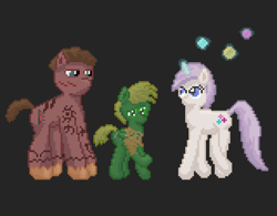 Size: 960x750 | Tagged: safe, artist:silent pone, derpibooru exclusive, derpibooru import, oc, oc:brimstone blitz, oc:glimmerlight, oc:murky, earth pony, pegasus, pony, unicorn, fallout equestria, fallout equestria: murky number seven, clothes, fanfic art, female, glowing horn, horn, levitation, magic, male, mare, memory orb, pixel art, scar, simple background, stallion, telekinesis