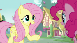 Size: 1280x720 | Tagged: safe, derpibooru import, screencap, fluttershy, pinkie pie, earth pony, pegasus, pony, the one where pinkie pie knows, duo, female, mare, twilight's castle