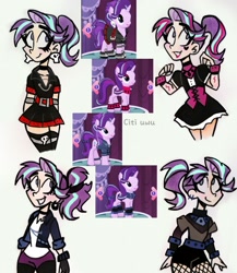 Size: 1747x2015 | Tagged: safe, artist:citi, derpibooru import, starlight glimmer, human, clothes, dress, ear piercing, edgelight glimmer, fishnet stockings, gameloft, gameloft interpretation, goth, humanized, makeup, piercing, skull