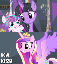 Size: 1024x1142 | Tagged: safe, derpibooru import, edit, edited screencap, screencap, princess cadance, princess flurry heart, twilight sparkle, twilight sparkle (alicorn), alicorn, pony, a flurry of emotions, female, fillycon, implied foalcon, incest, lesbian, now kiss, pedophilia, princess of shipping, shipping, twilight's castle