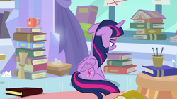 Size: 1280x720 | Tagged: safe, derpibooru import, screencap, twilight sparkle, twilight sparkle (alicorn), alicorn, the ending of the end, book, floppy ears, sad, solo