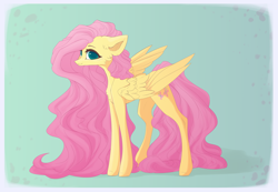 Size: 1280x884 | Tagged: safe, artist:justeuge, derpibooru import, fluttershy, pegasus, pony, blushing, cheek fluff, chest fluff, colored pupils, ear fluff, female, floppy ears, looking at you, mare, solo, standing, three quarter view, wings