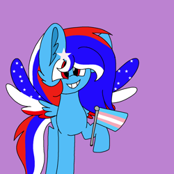 Size: 1378x1378 | Tagged: safe, artist:circuspaparazzi5678, derpibooru import, oc, oc only, oc:liberty, pegasus, pony, female, grin, hoof hold, mare, multicolored hair, pride, pride flag, purple background, simple background, smiling, solo, trans girl, transgender, transgender pride flag