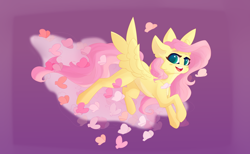 Size: 1280x789 | Tagged: safe, artist:justeuge, derpibooru import, fluttershy, butterfly, pegasus, pony, blush sticker, blushing, cheek fluff, cute, female, flying, looking at you, mare, open mouth, shyabetes, smiling, solo, spread wings, three quarter view, wings