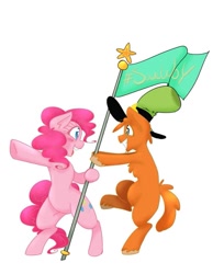 Size: 785x960 | Tagged: artist needed, safe, derpibooru import, pinkie pie, earth pony, pony, crossover, duo, eye contact, flag, hashtag, hat, looking at each other, ponified, savewoy, simple background, wander (wander over yonder), wander over yonder, white background