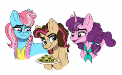 Size: 6456x3972 | Tagged: safe, artist:celestial-rainstorm, derpibooru import, cup cake, sugar belle, oc, oc:confetti cake, pony, absurd resolution, cookie, food, offspring, older, parent:cheese sandwich, parent:pinkie pie, parents:cheesepie, simple background, white background