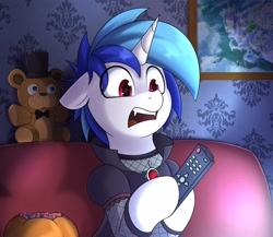 Size: 4096x3556 | Tagged: safe, artist:felixf, derpibooru import, dj pon-3, vinyl scratch, bear, pony, undead, unicorn, vampire, vampony, candy, clothes, costume, crossover, dress, fangs, female, five nights at freddy's, food, freddy fazbear, halloween, holding, holiday, mare, open mouth, plushie, pumpkin, remote control, shocked, sofa, solo, surprised