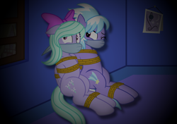 Size: 2843x1997 | Tagged: safe, artist:radiantrealm, derpibooru import, edit, cloudchaser, flitter, pegasus, pony, bondage, bound, bound and gagged, bound together, cloth gag, damsel in distress, female, gag, kidnapped, mare, night, one eye closed, otn gag, over the nose gag, rope, rope bondage, scared, shocked, tied up