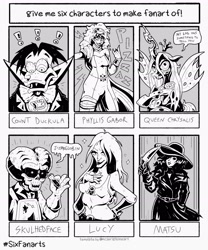 Size: 2300x2758 | Tagged: safe, artist:goblinspell, derpibooru import, queen chrysalis, twilog, anthro, bird, changeling, changeling queen, duck, human, clothes, count duckula, crossover, female, grayscale, hat, monochrome, six fanarts, sun hat